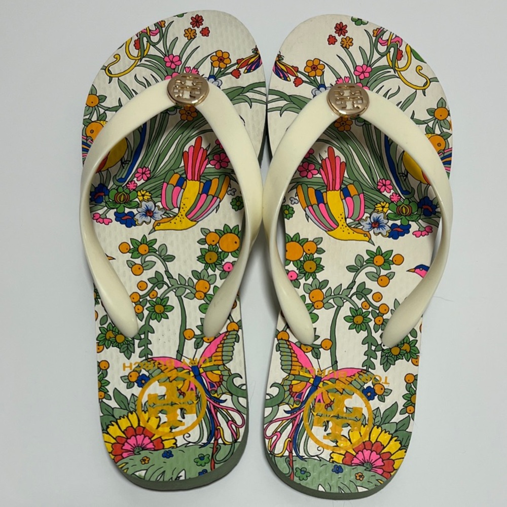 Tory Burch Floral Flip Flops with Cream Straps